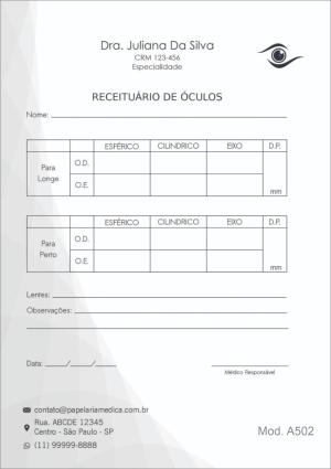 RECEITUÁRIO PARA ÓCULOS OFTALMOLOGIA ESTACOLMO II Papel Sulfite 90g A5 (15x21cm) 4x0 Colorido Frente  Blocos com 50 folhas 
