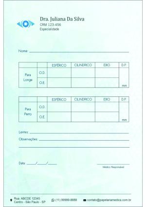 RECEITUÁRIO PARA ÓCULOS OFTALMOLOGIA GOTEMBURGO II Papel Sulfite 90g A5 (15x21cm) 4x0 Colorido Frente  Blocos com 50 folhas 